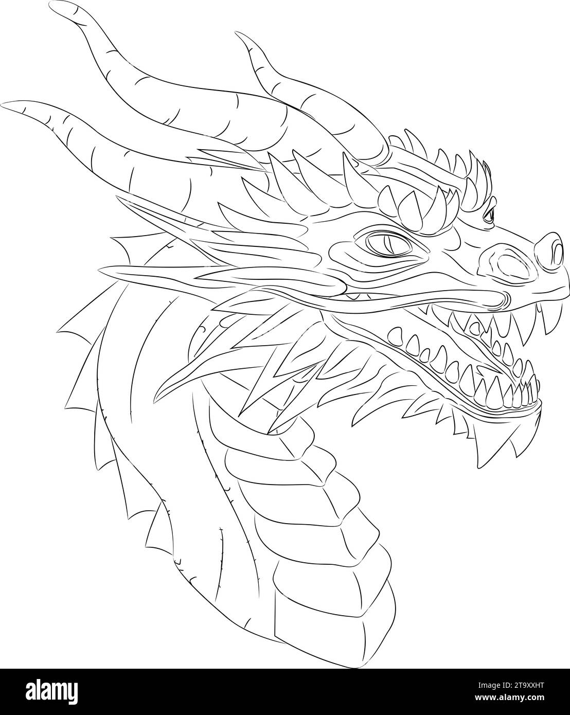 Disegno in linea di drago in legno - simbolo di 2024 illustrazione vettoriale di una testa di drago in legno verde con collo. Testa con corna, denti, baffi Illustrazione Vettoriale