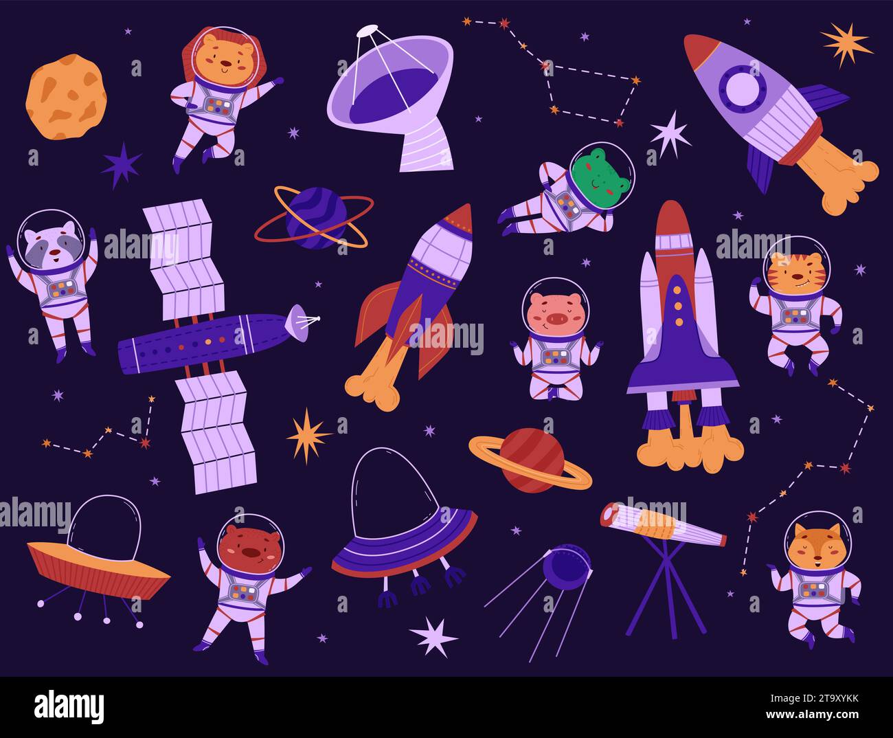 Set cosmico con simpatici animali astronauti e razzi. Illustrazione vettoriale in stile piatto. Cosmonautics Day. Modello per carta da parati, tessuto e bambini Illustrazione Vettoriale