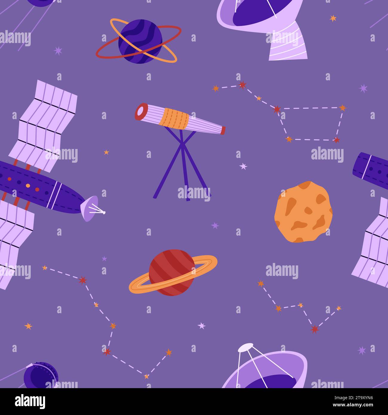 Modello cosmico senza cuciture con satellite ISS e telescopi. Pianeti, luna e stelle. Illustrazione vettoriale. Cosmonautics Day. Illustrazione Vettoriale