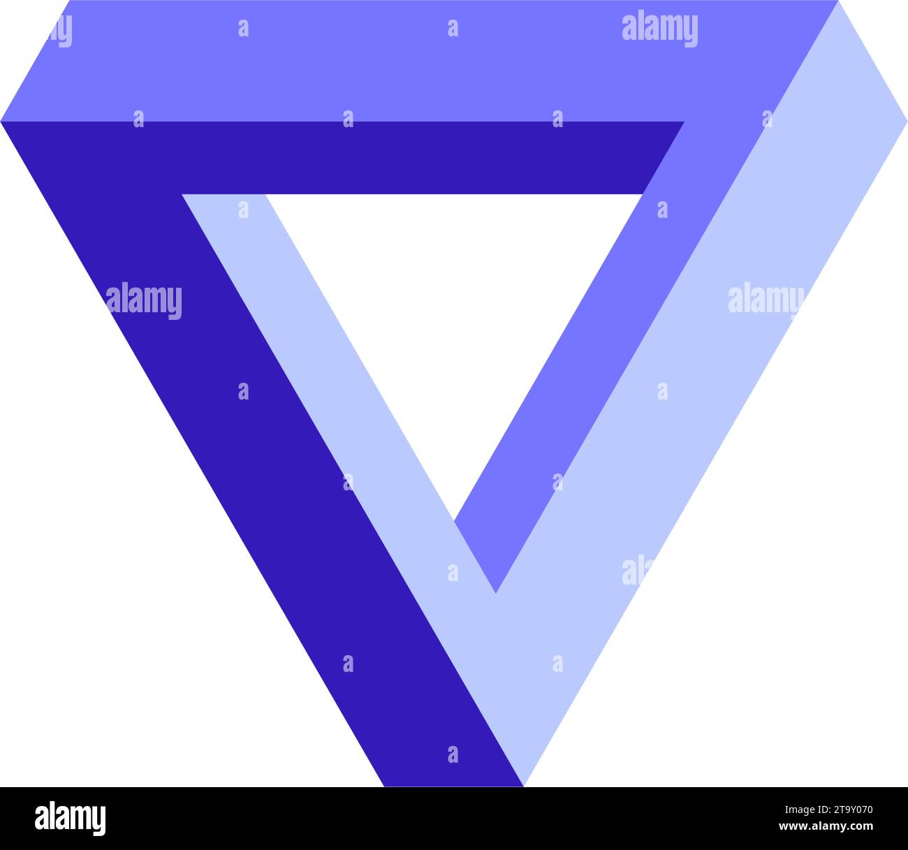 Forma triangolare impossibile. Illusione visiva ottica. Simbolo del loop Infinite triangolare. Forma geometrica irreale astratta. Elemento di design puzzle blu viola per logo, icona, etichetta, etichetta. Illustrazione vettoriale Illustrazione Vettoriale