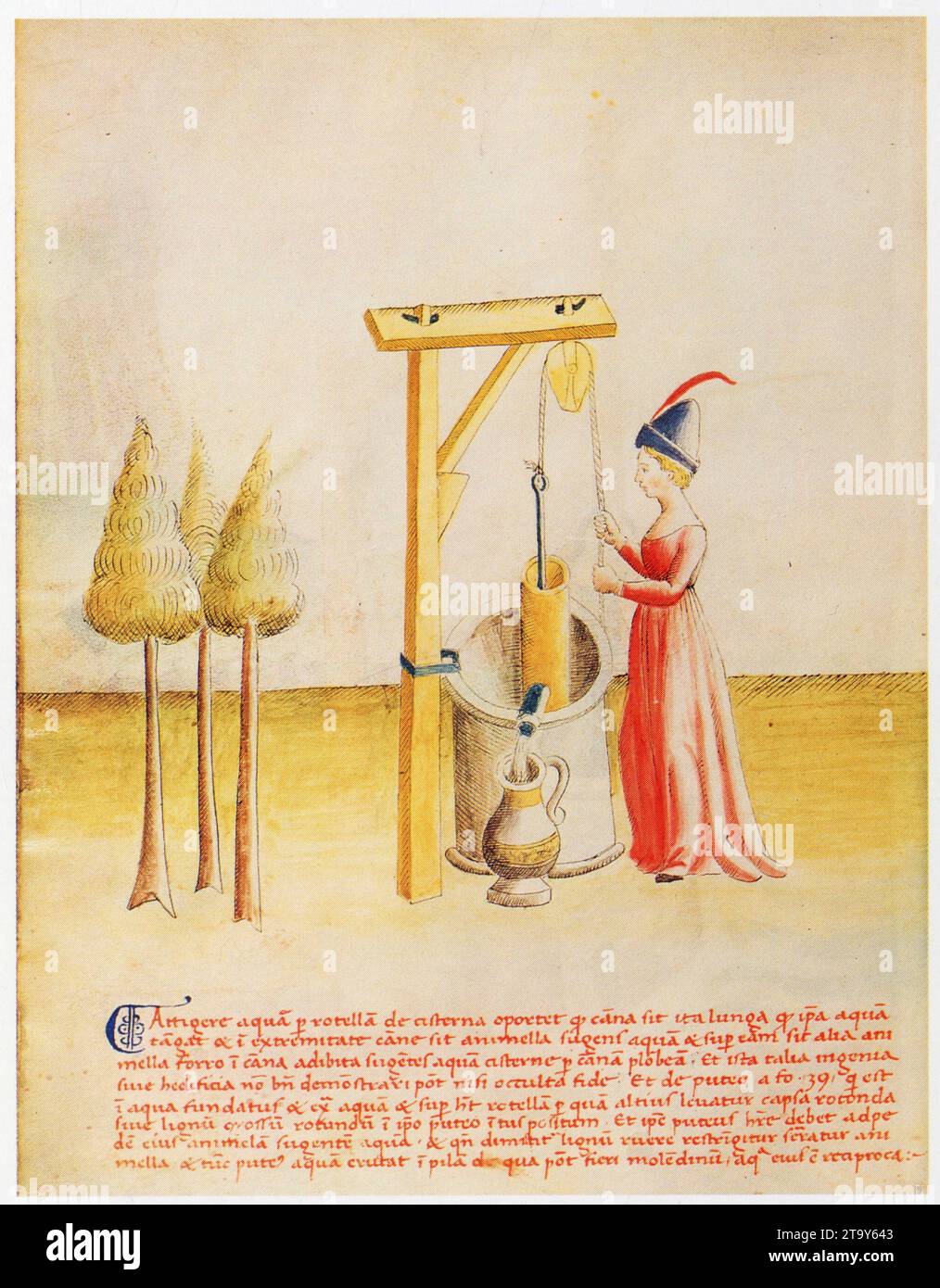 Paolo Santini. Pompe de puits à piston actionnée par un personnage féminin. Foto Stock