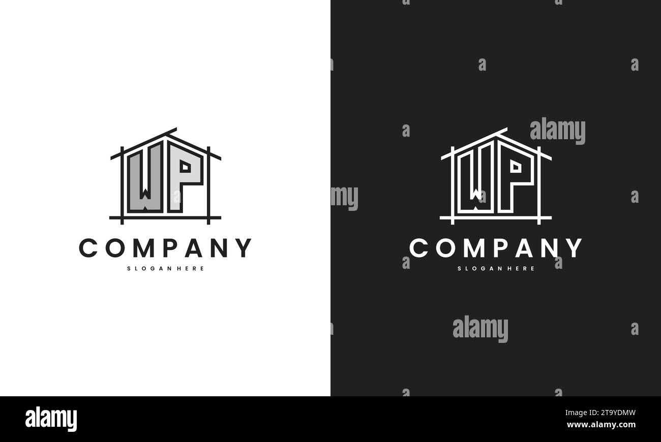 Logo iniziale WP Home con elemento creativo della casa nel modello di design vettoriale in stile line art. Illustrazione Vettoriale