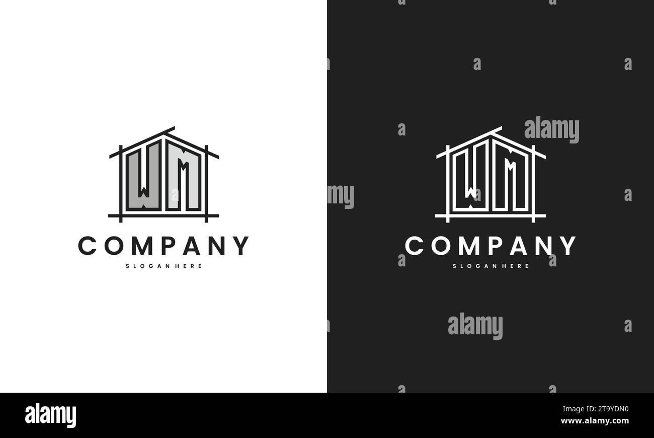 Logo iniziale WM Home con elemento creativo della casa nel modello di design vettoriale in stile line art. Illustrazione Vettoriale