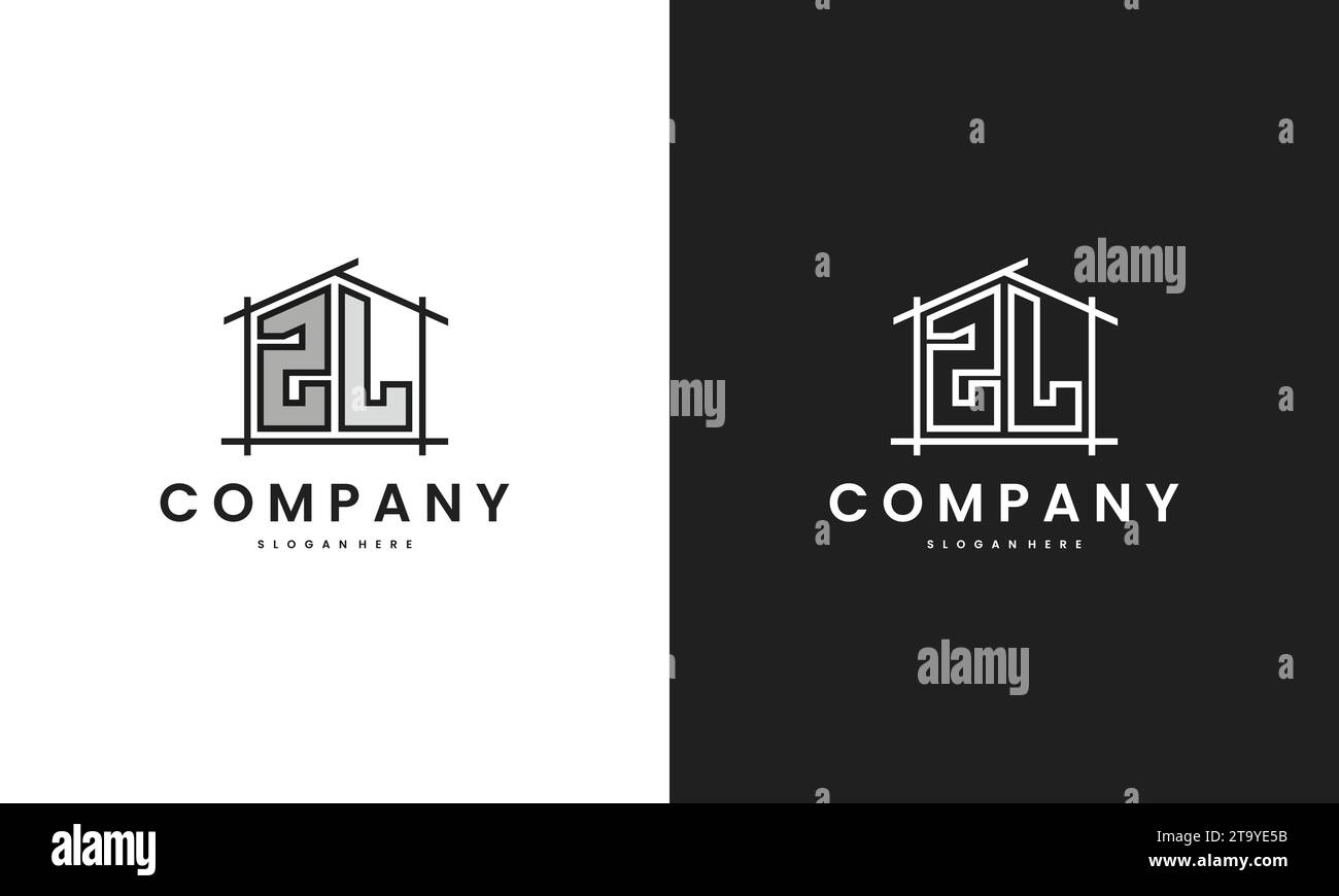 Logo iniziale ZL Home con elemento creativo della casa in un modello di design vettoriale in stile line art. Illustrazione Vettoriale