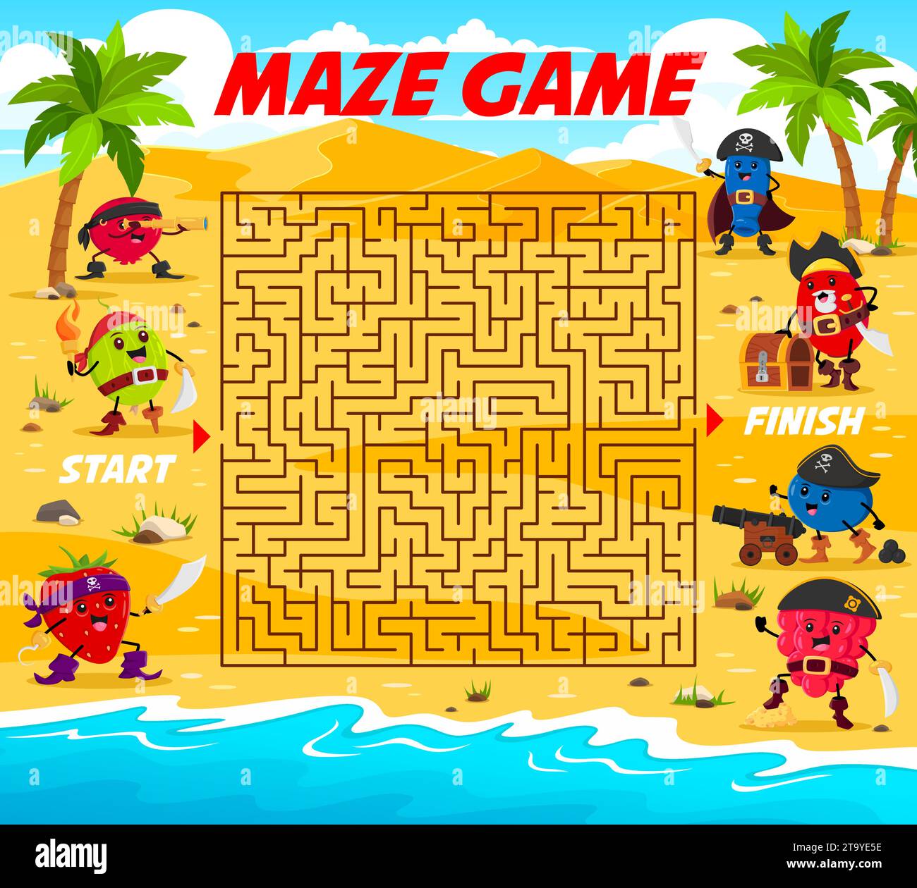 Labirinto per bambini. Aiuta i pirati e i corsari a trovare amici. Foglio di lavoro vettoriale del puzzle a labirinto con cowberry, mieli, rosehip e fragola, spina, mirtillo e personaggio pirata Illustrazione Vettoriale