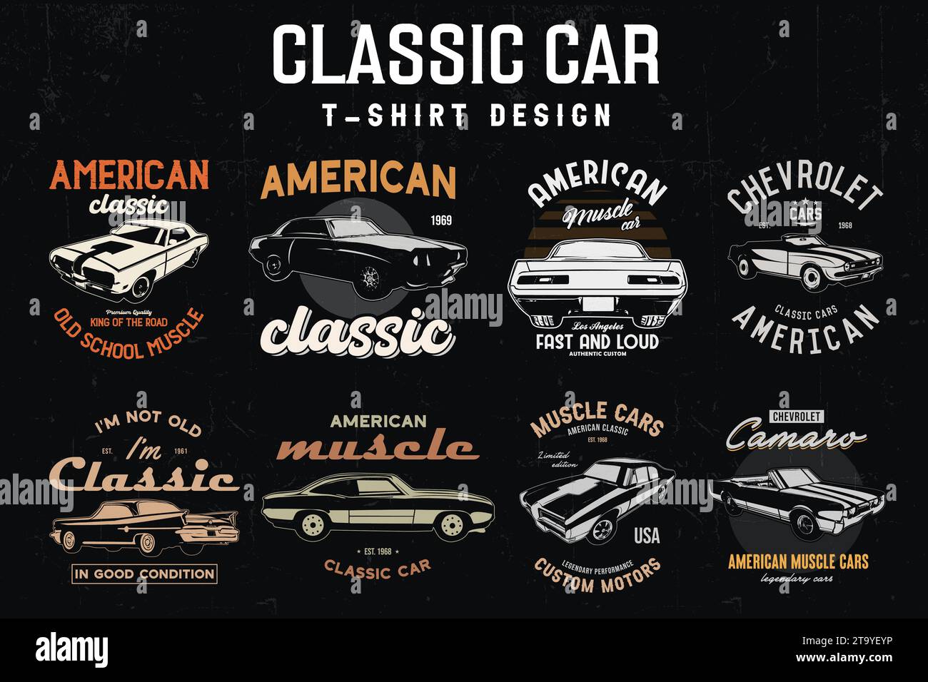 Pacchetto T-shirt Classic Car. grafica della t-shirt vettoriale per auto d'epoca. Illustrazione Vettoriale