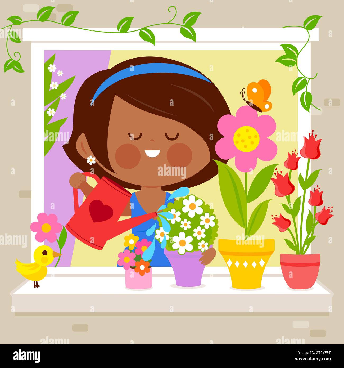 Una donna afroamericana nella sua casa in un condominio che annaffiava le sue piante domestiche. Una donna felice a casa sua che si gode le sue piante. Foto Stock