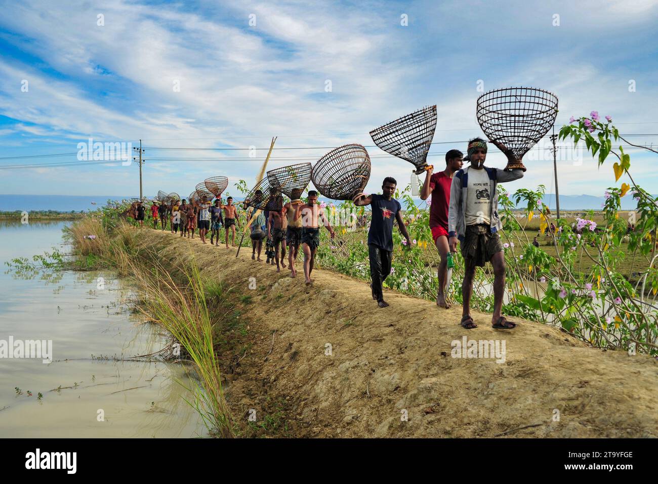 Sylhet, Bangladesh. 28 novembre 2023 Sylhet-Bangladesh: Le persone rurali armate di trappole di pesce di bambù e reti prendono parte a festeggiare in un festival invernale di pesca di 200 anni al jofra beel of gasbari union of Kanaighat upazila di Sylhet, Bangladesh. Il 28 novembre 2023 Sylhet, Bangladesh (Credit Image: © MD Rafayat Haque Khan/eyepix via ZUMA Press Wire) SOLO PER USO EDITORIALE! Non per USO commerciale! Crediti: ZUMA Press, Inc./Alamy Live News Foto Stock