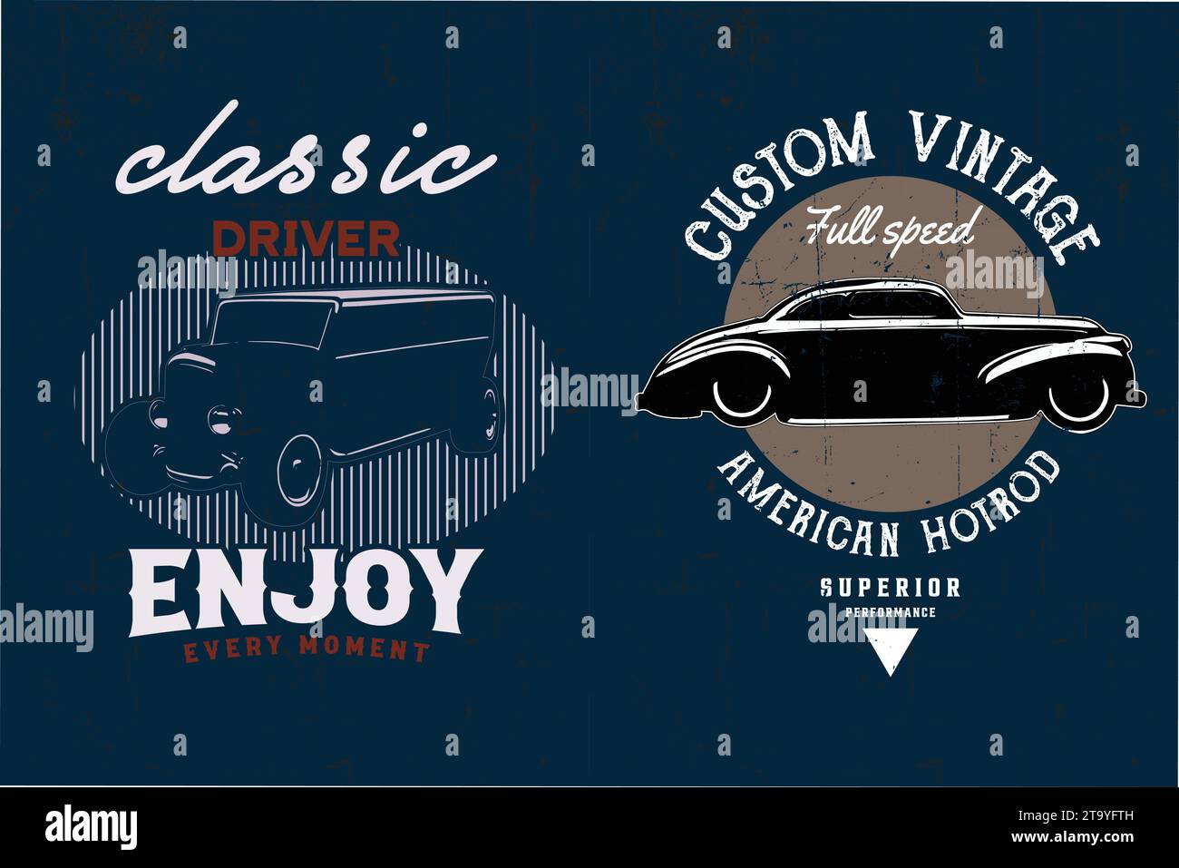 Pacchetto T-shirt Design per auto. T-shirt American Classic Cars grafica vettoriale. Illustrazione Vettoriale