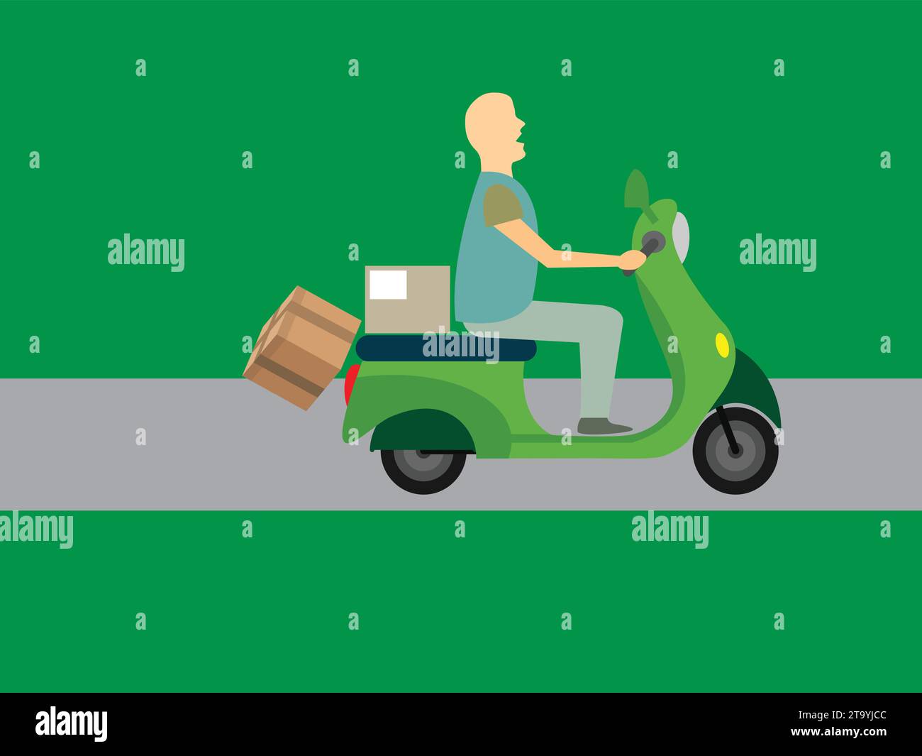 Corriere uomo su scooter senza casco e perdere un pacco Illustrazione Vettoriale
