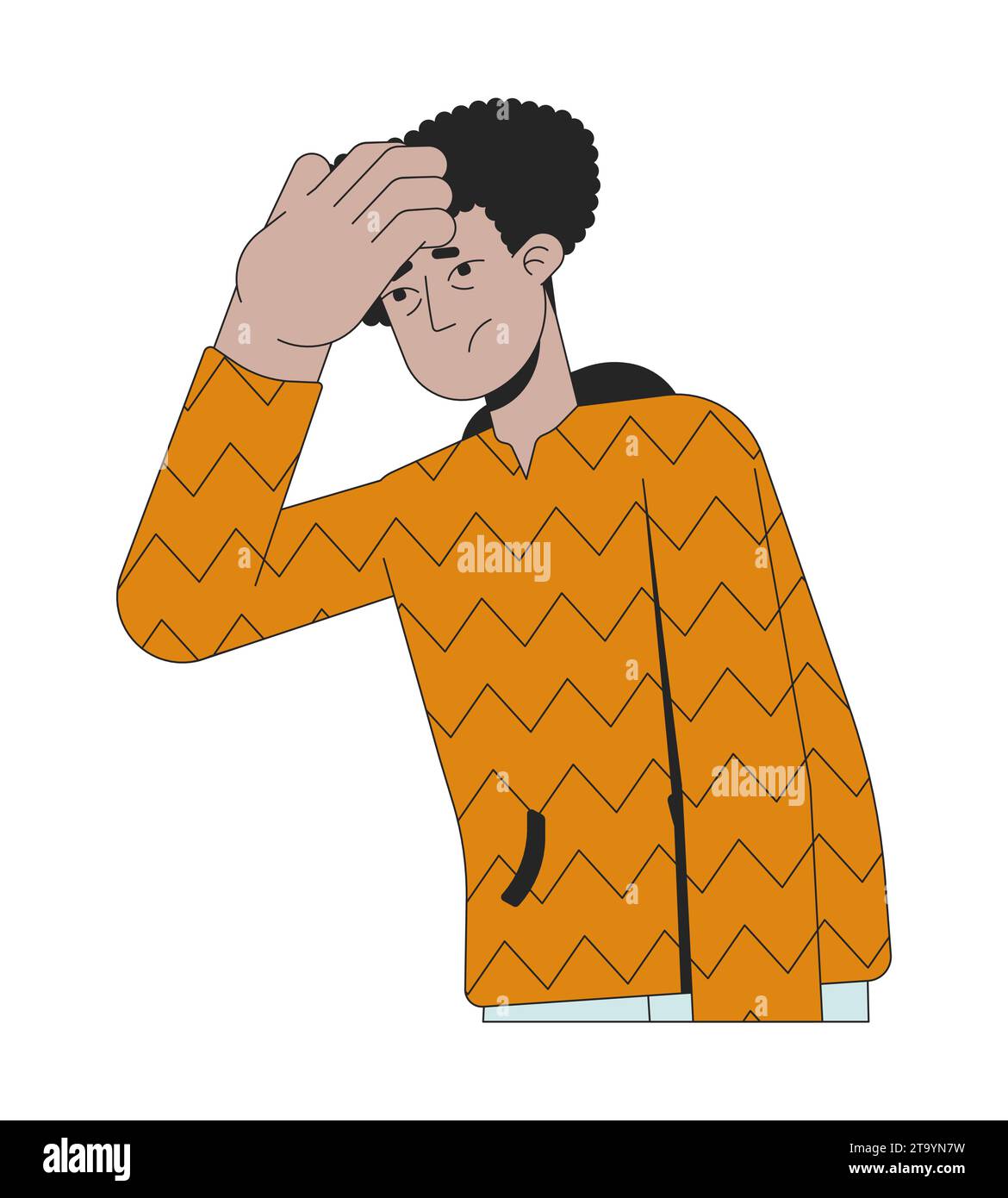 Uomo latino malato che prende la temperatura sulla fronte il personaggio di un cartone animato lineare 2D. Illustrazione Vettoriale