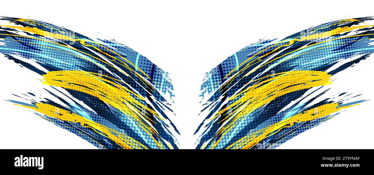 Sfondo pennello astratto dominato dal colore blu e giallo con effetto mezzitoni. Illustrazione della traccia del pennello per striscione, poster o sfondo sportivo Illustrazione Vettoriale
