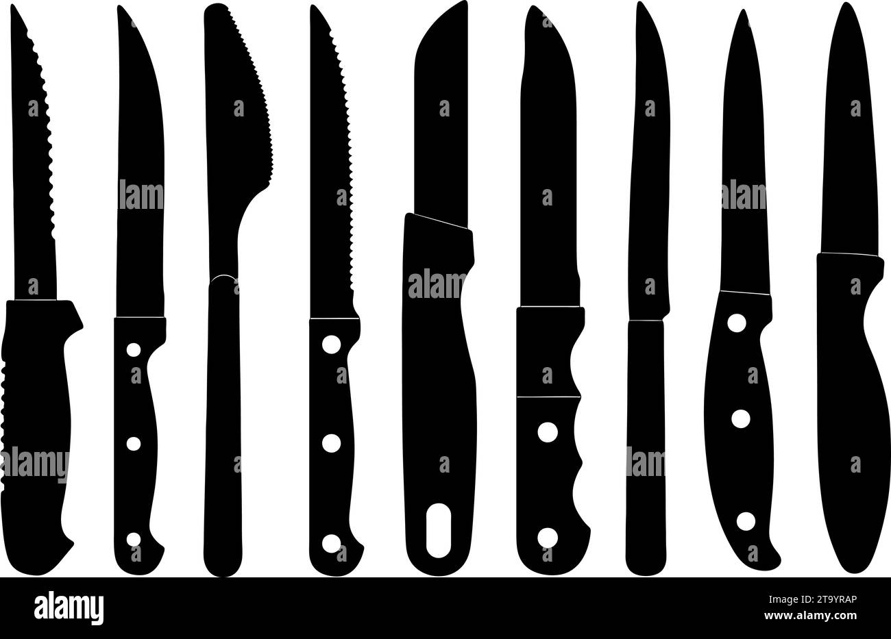 Collage di diverse illustrazioni di coltelli da cucina isolati su bianco Illustrazione Vettoriale
