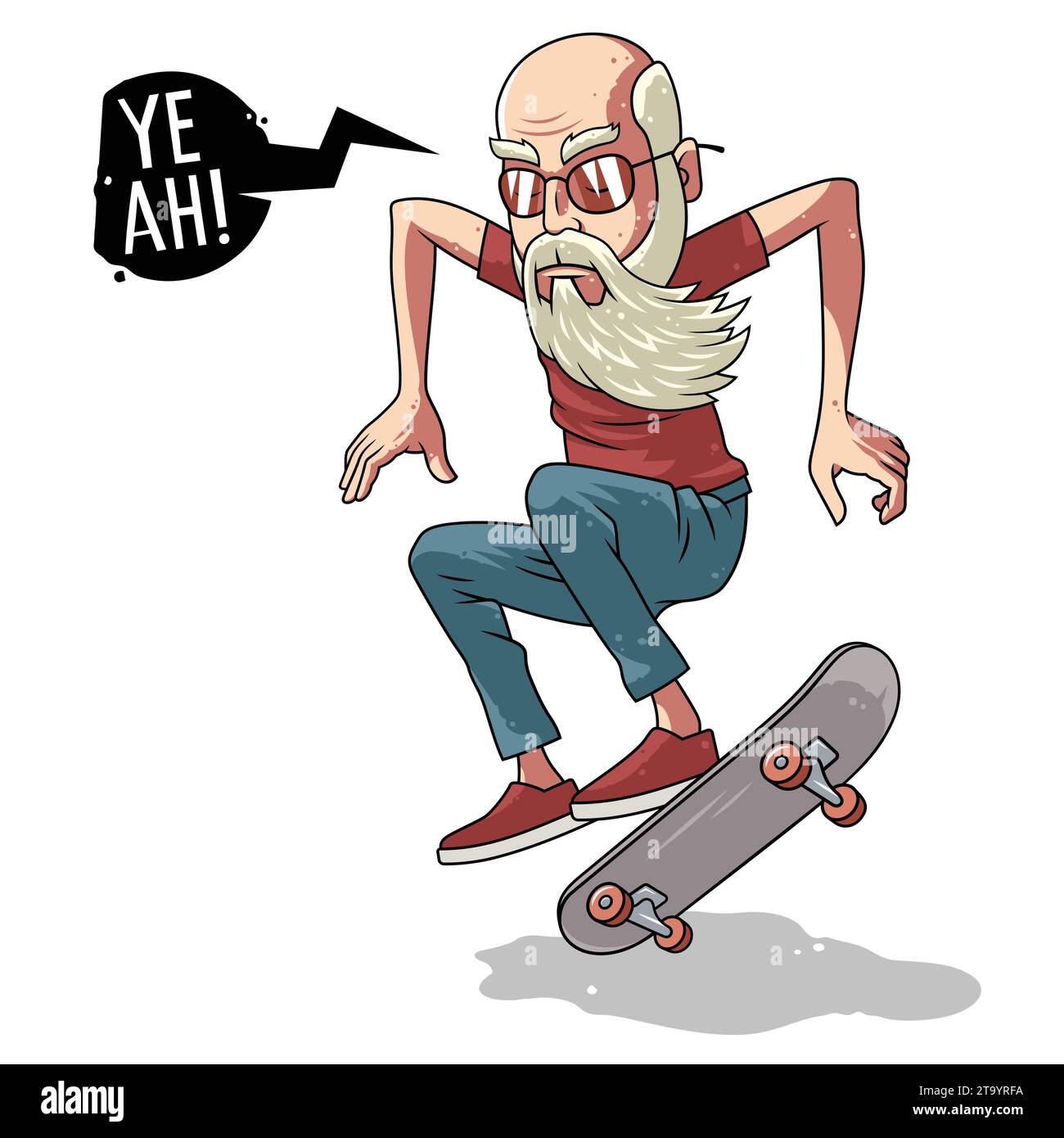 Il vecchio skater cavalca uno skateboard. Illustrazione elegante per la stampa su t-shirt o altri indumenti Illustrazione Vettoriale