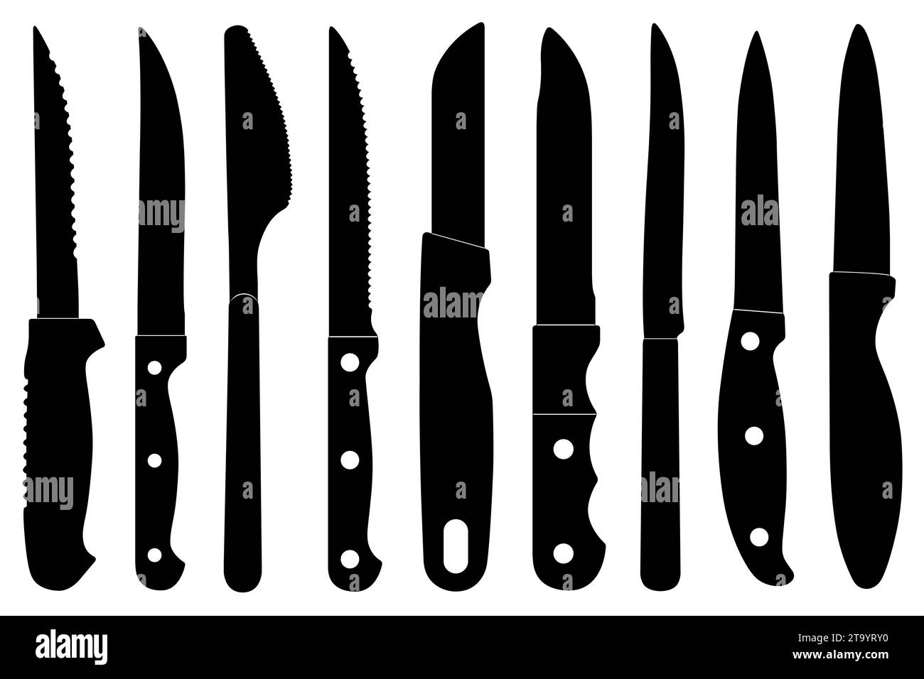 Collage di diverse illustrazioni di coltelli da cucina isolati su bianco Foto Stock