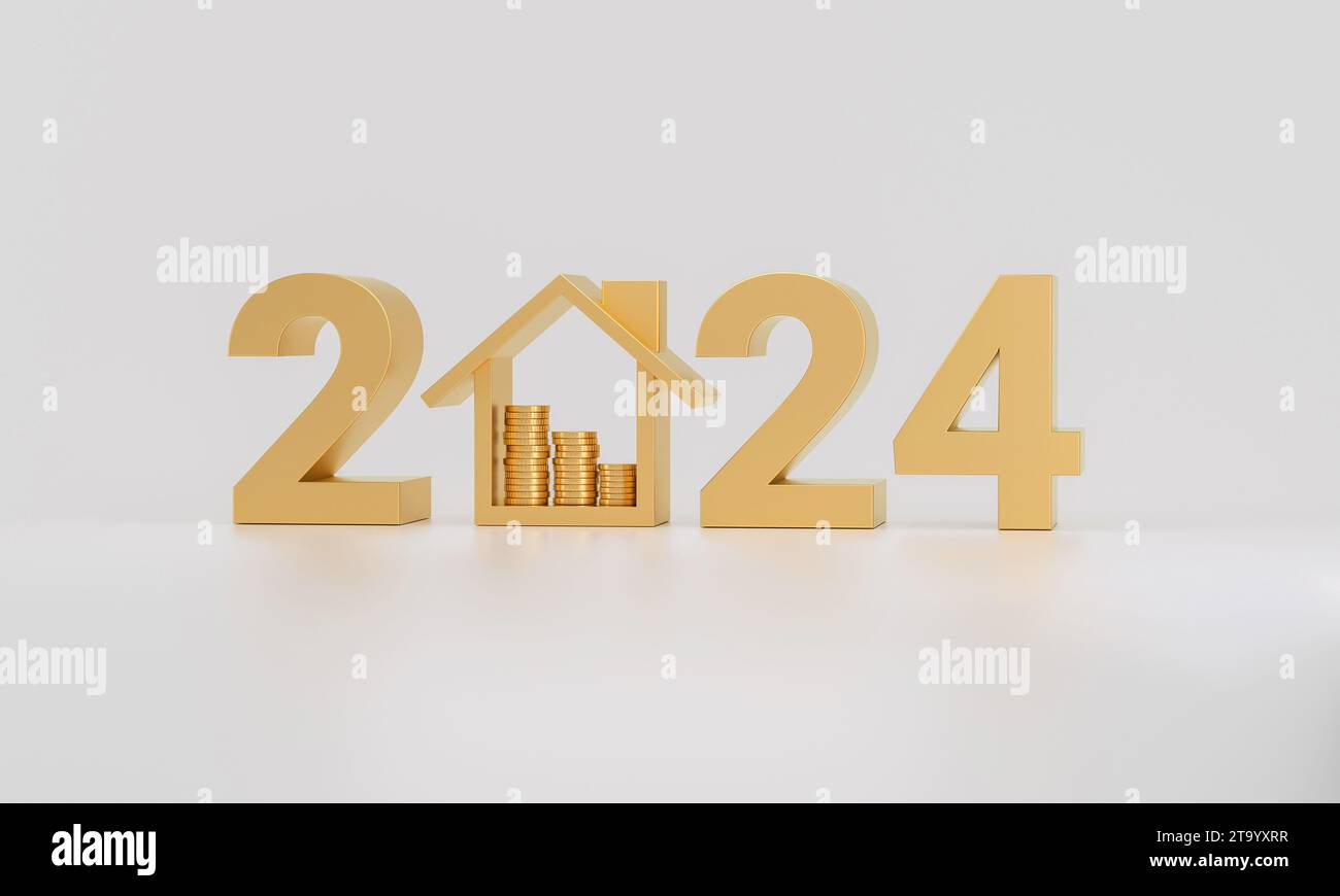 Numero d'oro 2024 e icona della casa con pila di monete isolate su sfondo bianco. Rendering 3D. Foto Stock