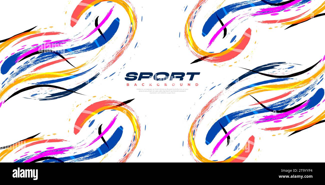 Sfondo pennello astratto e colorato. Banner sportivo. Illustrazione della traccia del pennello. Elementi di graffiatura e trama per la progettazione Illustrazione Vettoriale