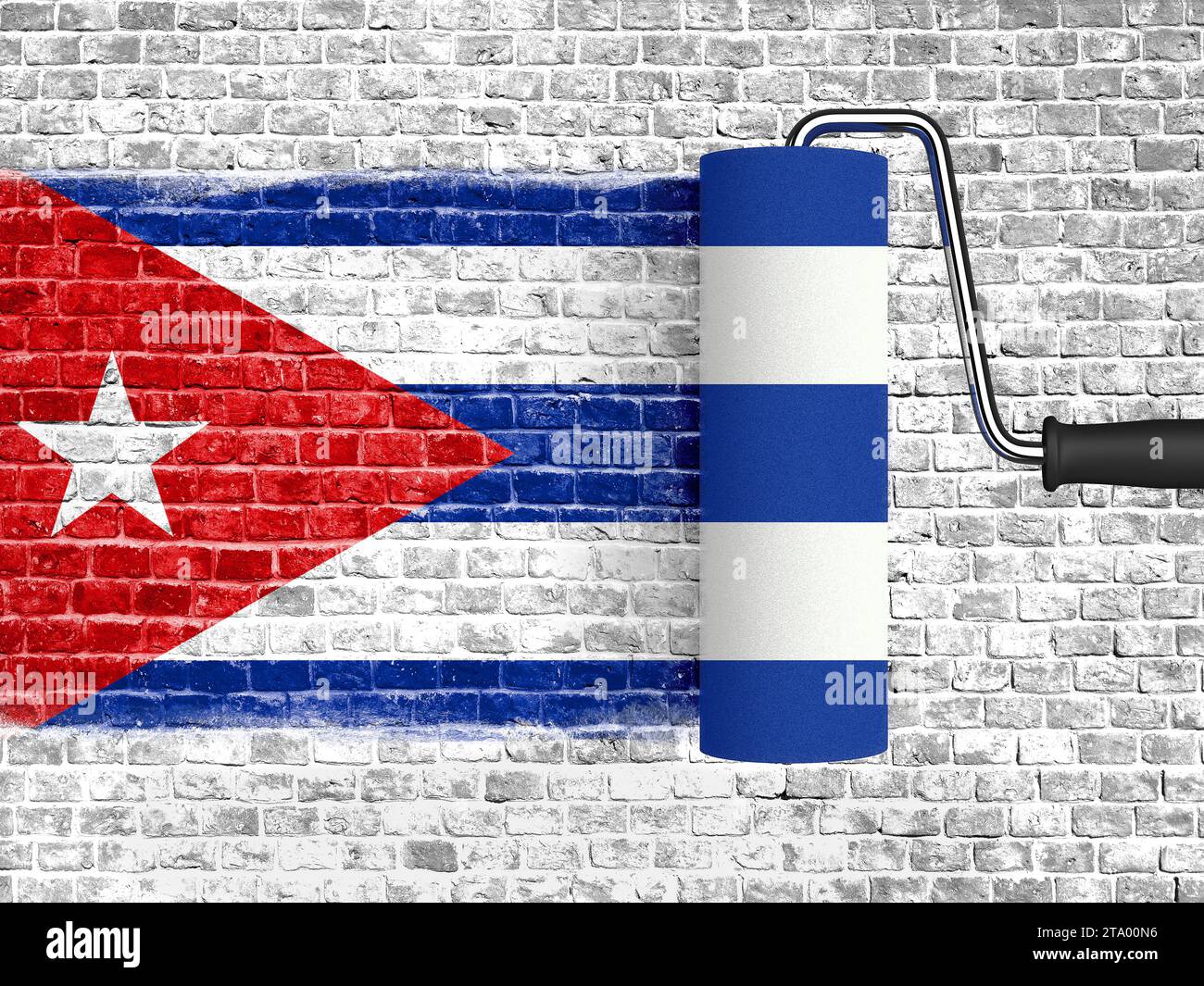rullo per dipingere su parete di mattoni bianchi con bandiera cubana, parete con vernice gocciolante, colore texture rosso blu e bianco della bandiera cubana Foto Stock