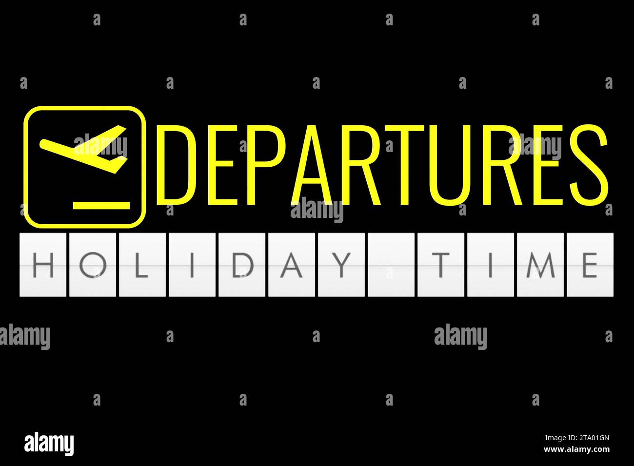 testo a bordo del cartellone dell'aeroporto con le parole nome vacanza tempo, viaggio, vacanza e concetto di relax Foto Stock