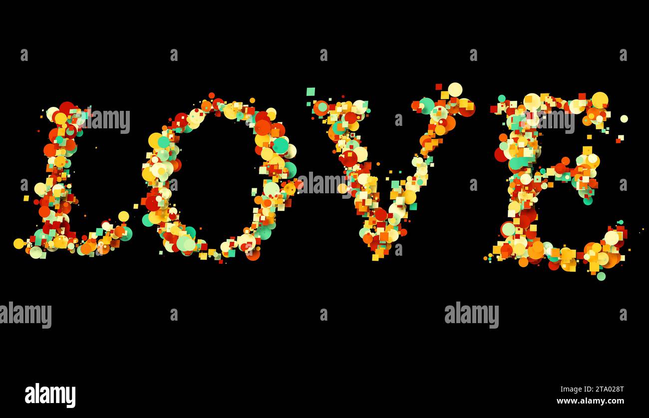 la colorata forma a parole bokeh love è scritta su sfondo nero e festeggia il giorno delle festività di san valentino Foto Stock