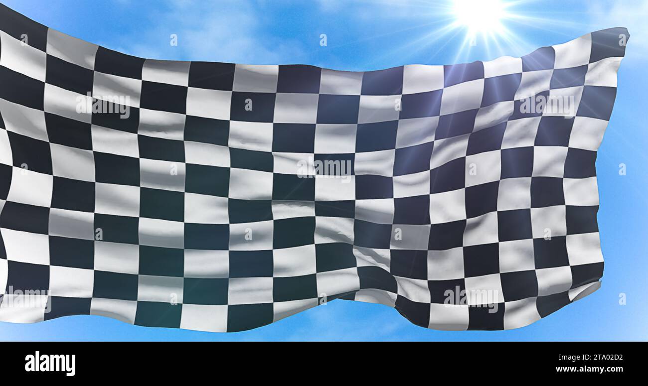bandiera a scacchi, fondo gara finale, gara di formula uno sotto i raggi del sole, luce e cielo blu Foto Stock