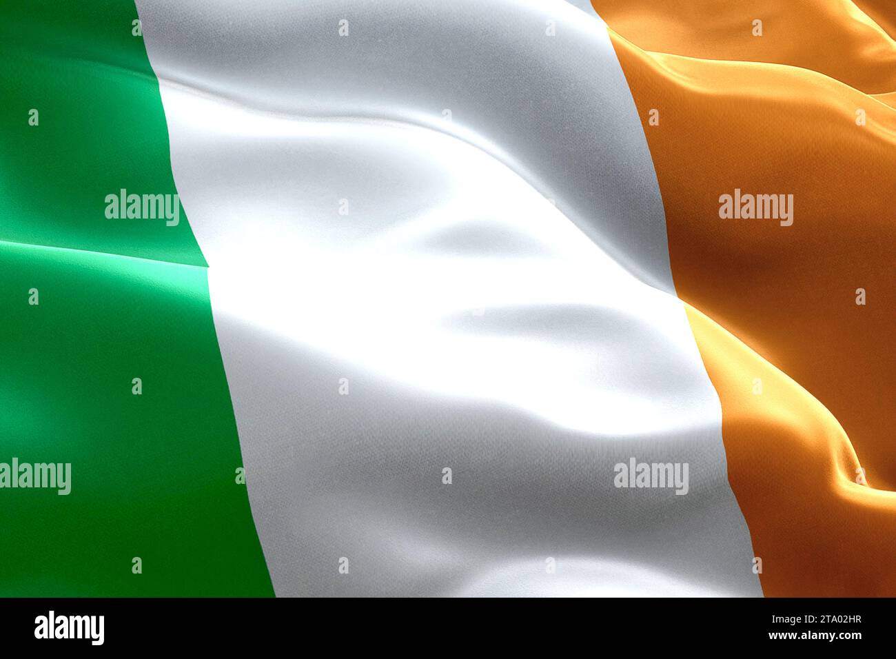 primo piano della bandiera celtica irlandese, simbolo nazionale del cartello irlandese, colore verde bianco arancione Foto Stock