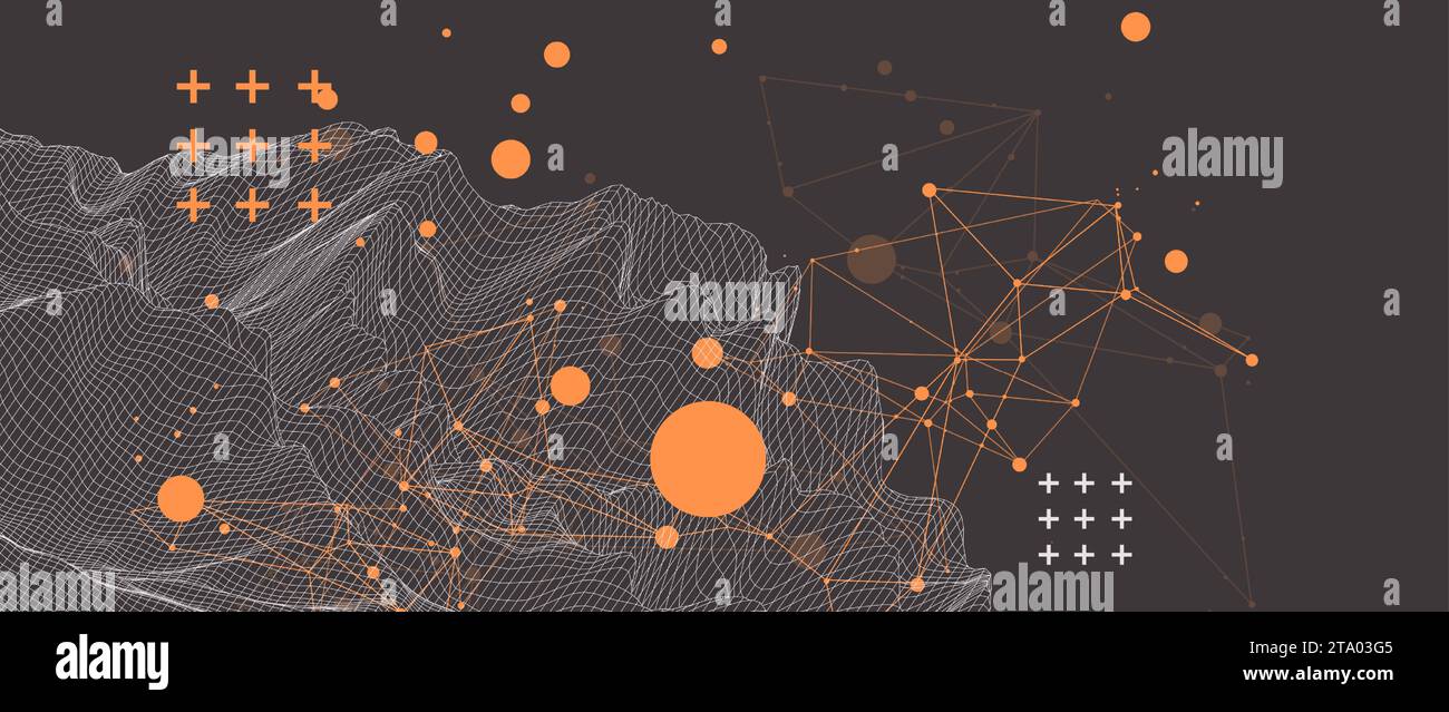 Sfondo di montagna a reticolo astratto. Elementi di scienza moderna o arte tecnologica. Illustrazione della superficie. Vettore disegnato a mano. Illustrazione Vettoriale