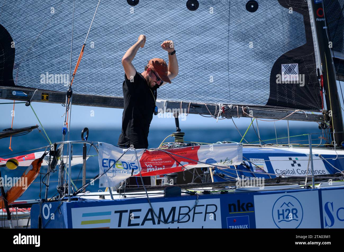 Francesco JAMBOU, TEAM BFR MARÉE HAUTE JAUNE, ritratto, vincitore all'arrivo della Mini Transat la Boulangere 2019, classe 6,50 regata tra la Rochelle - Las Palmas de Gran Canaria - le Marin, da le Marin, Francia il 14 novembre 2019 - foto Olivier Blanchet / DPPI Foto Stock