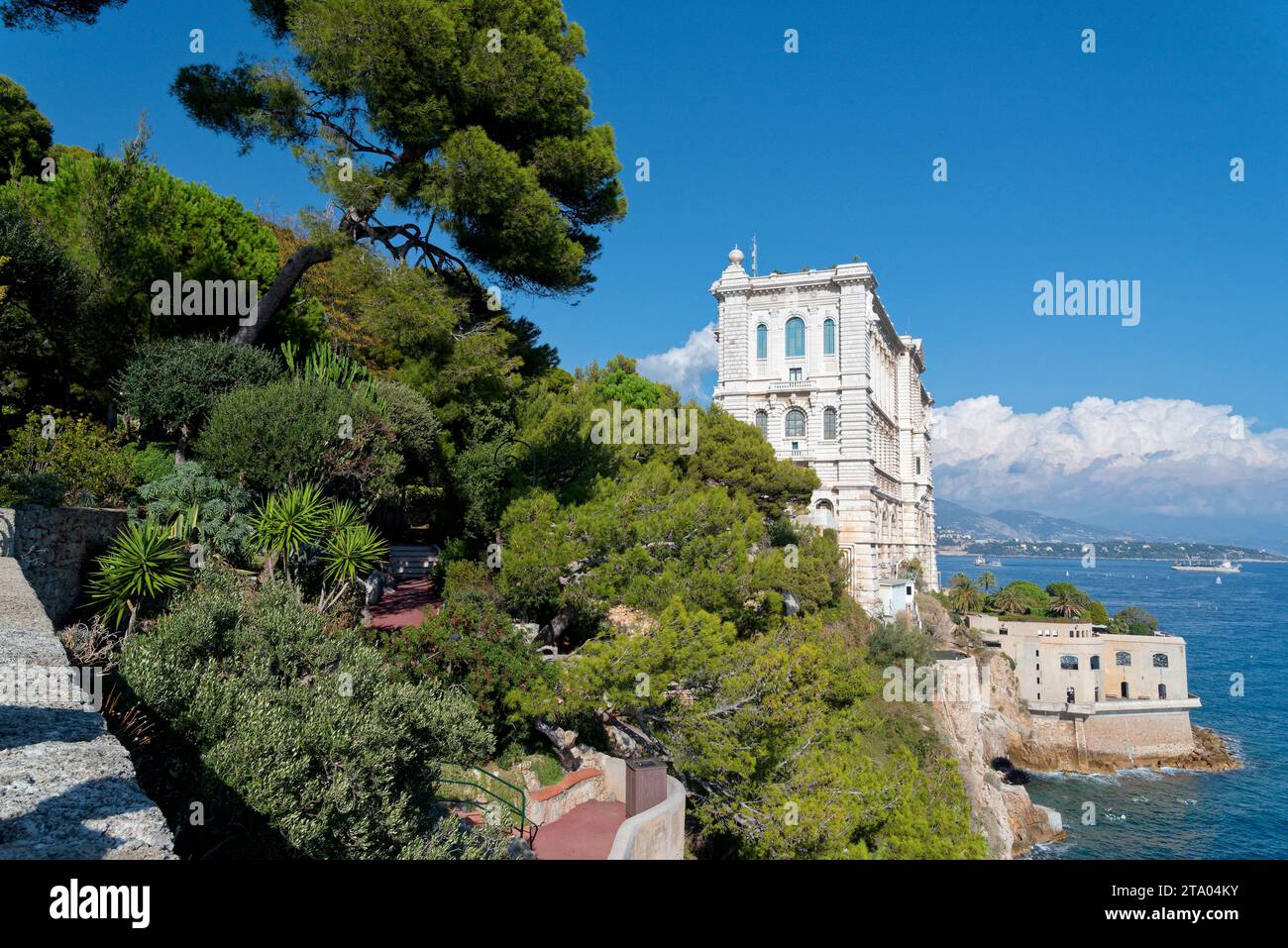 principauté de Monaco, vue sur le Port depuis la Place du palais, musée océanographique et le quartier de fontvieille depuis le jardin exotique Foto Stock