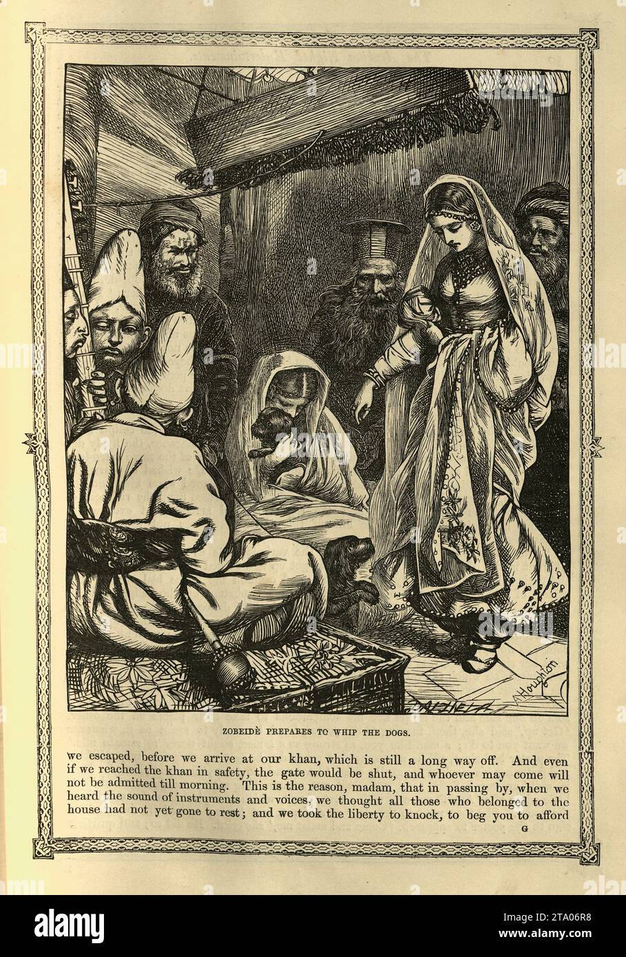 Illustrazione d'epoca mille e una notte, Zobeide preares per frullare i cani, storie popolari arabe, mediorientali, dei Fratelli Dalziel. The Story of the Three Calenders, Sons of Kings, and of Five Ladies of Bagdad Foto Stock