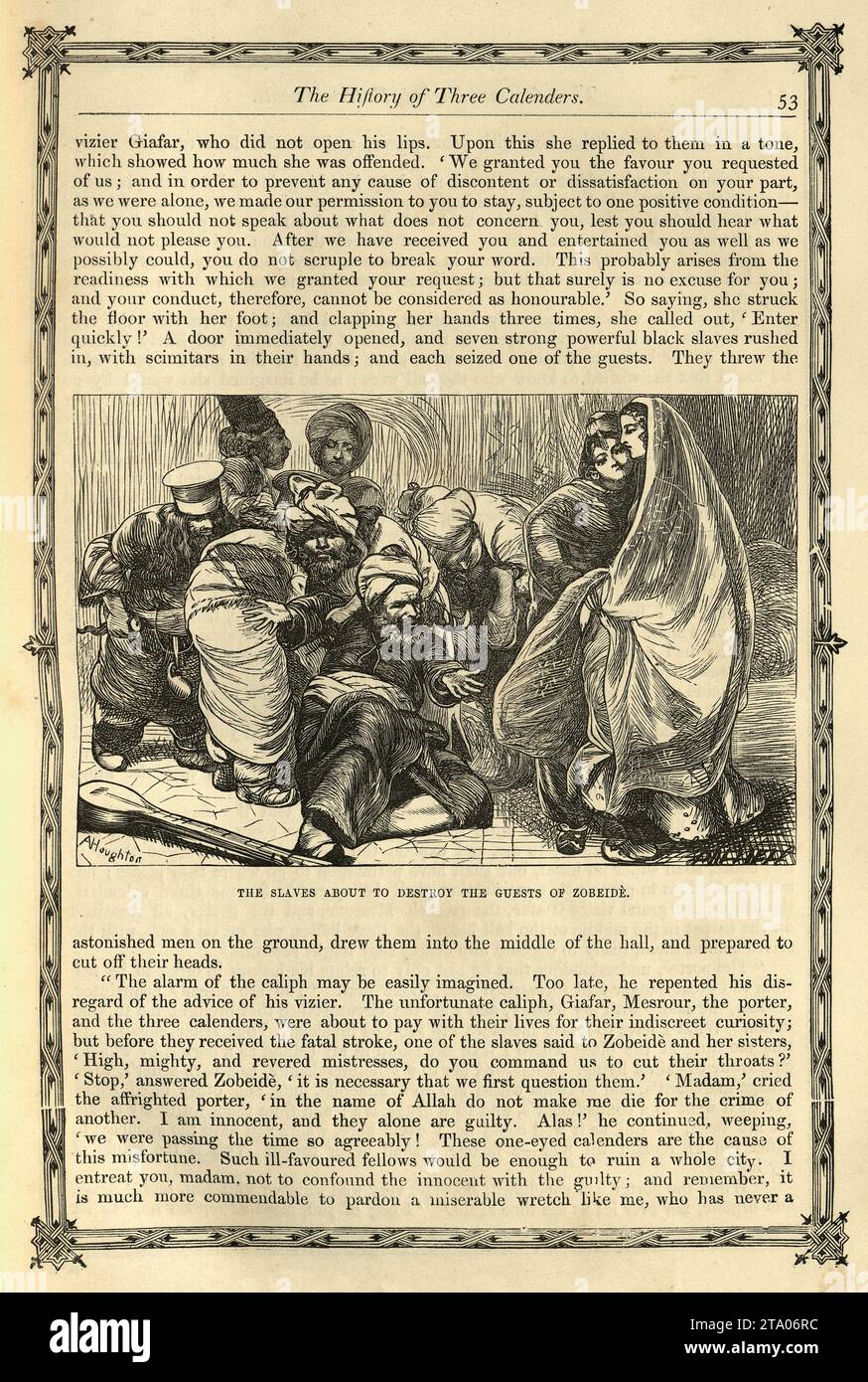 Illustrazione d'epoca delle mille e una notte, schiavi che stanno per distruggere gli ospiti di Zobeide, Arabian, Medio Oriente, racconti popolari, dei Fratelli Dalziel. The Story of the Three Calenders, Sons of Kings, and of Five Ladies of Bagdad Foto Stock