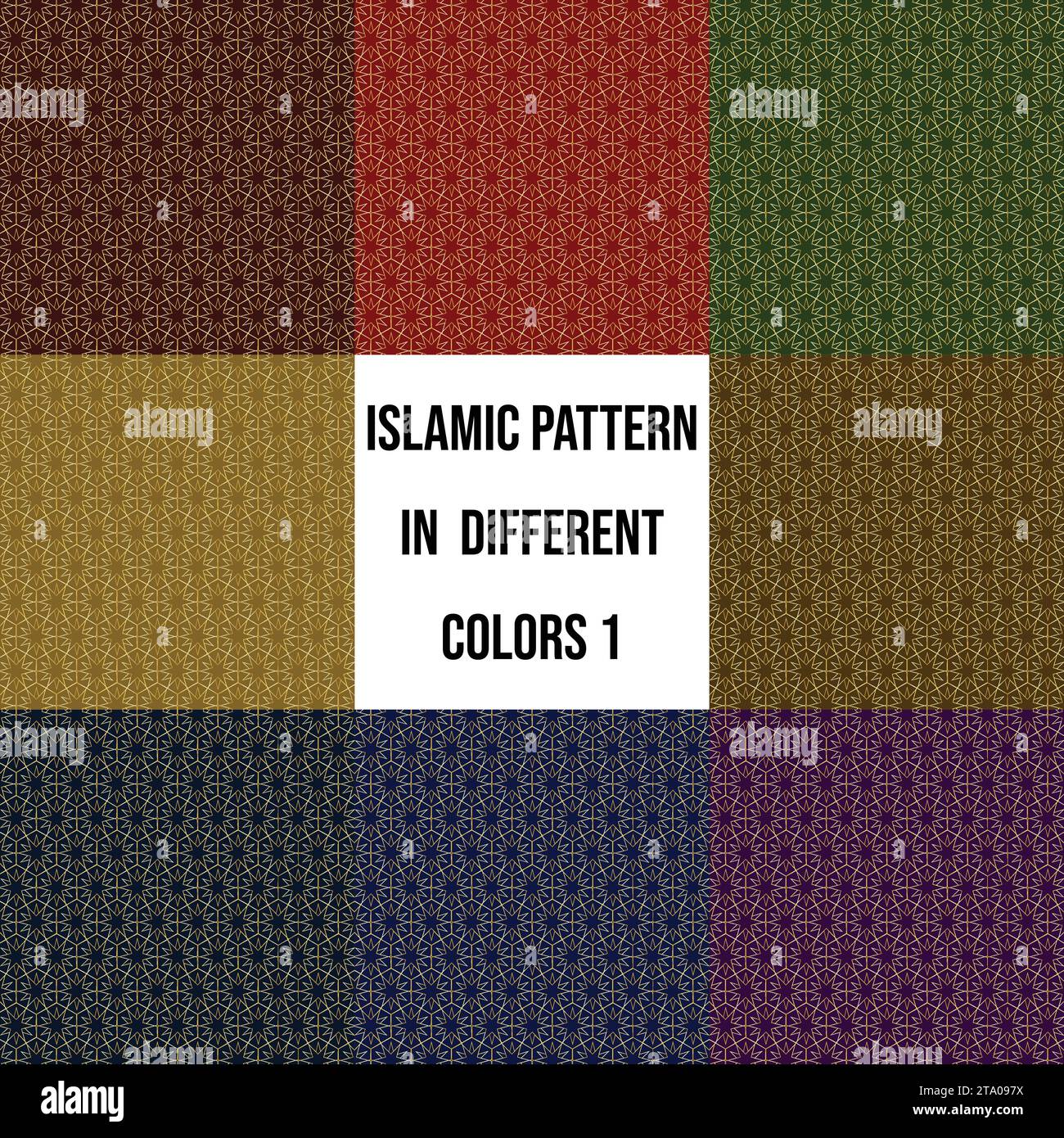 Islamic Star Pattern. Modello marocchino. Ornamento in oro su sfondo di colore diverso. Motivo arabo senza cuciture a reticolo geometrico. Carta da imballaggio. Illustrazione Vettoriale