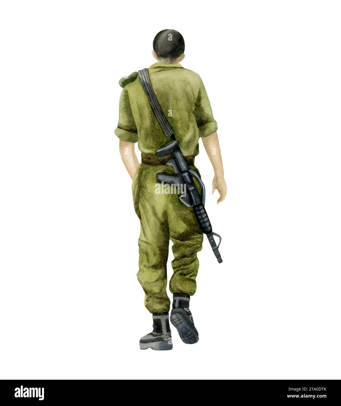 Soldato israeliano dell'IDF con fucile d'assalto M16 illustrazione ad acquerello per i giorni commemorativi patriottici e il giorno dell'indipendenza Foto Stock