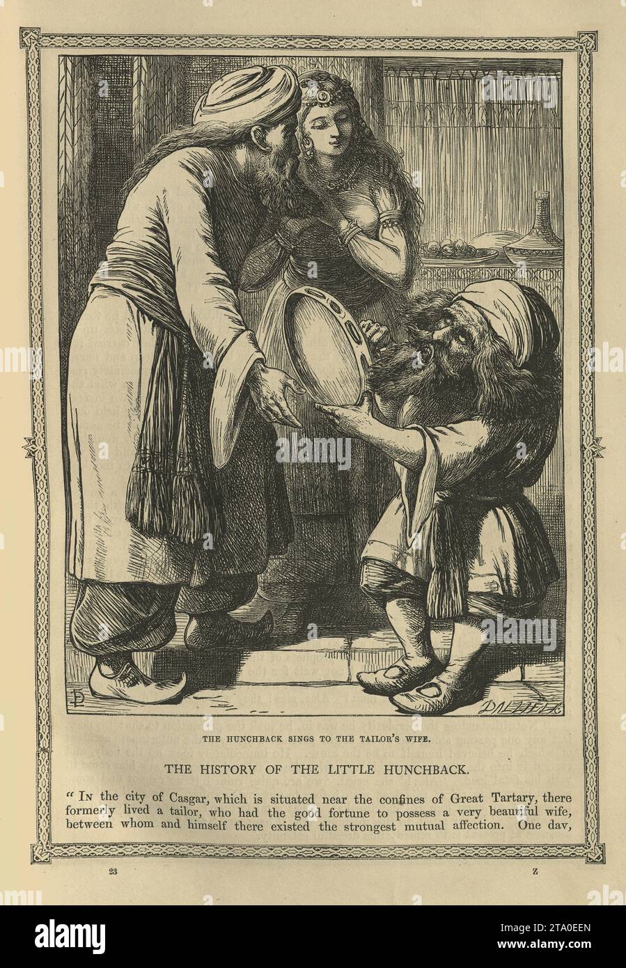 Illustrazione d'epoca mille e una notte, il gobbo canta alla moglie del sarto, Arabian, Medio Oriente, racconti popolari, dei Fratelli Dalziel. Storia del piccolo gobbo Foto Stock
