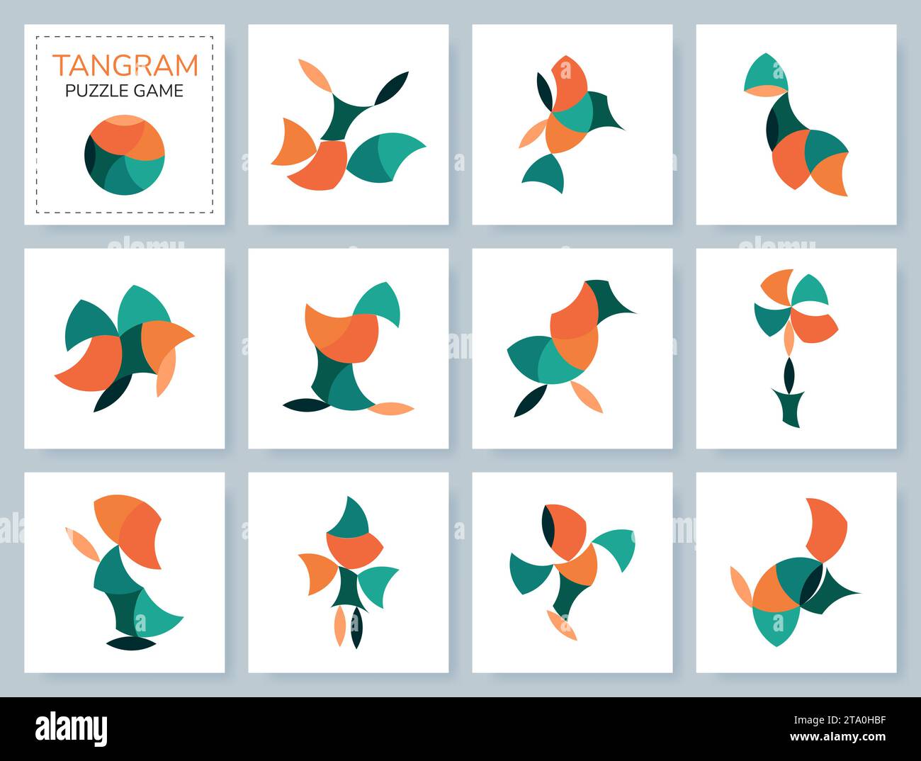 Tangram puzzle game. Insieme vettoriale con vari oggetti. Illustrazione Vettoriale