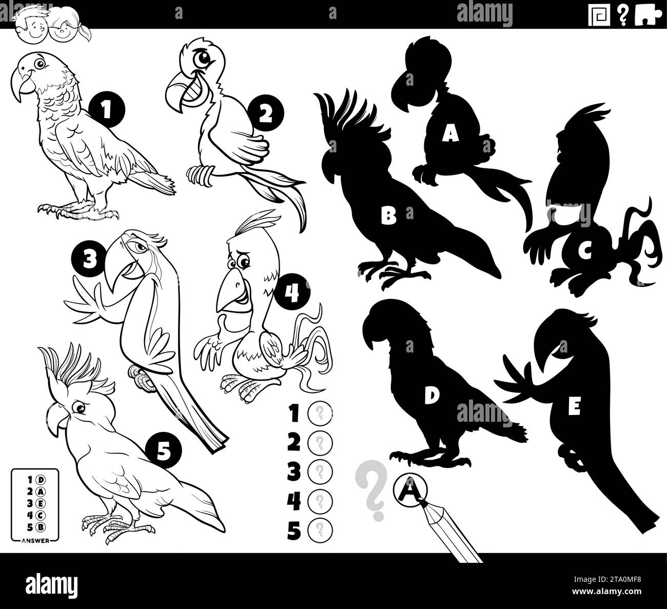 Illustrazione di cartoni animati in bianco e nero che mostra come trovare le ombre giuste per il gioco educativo con pappagalli uccelli personaggi animali pagina da colorare Illustrazione Vettoriale