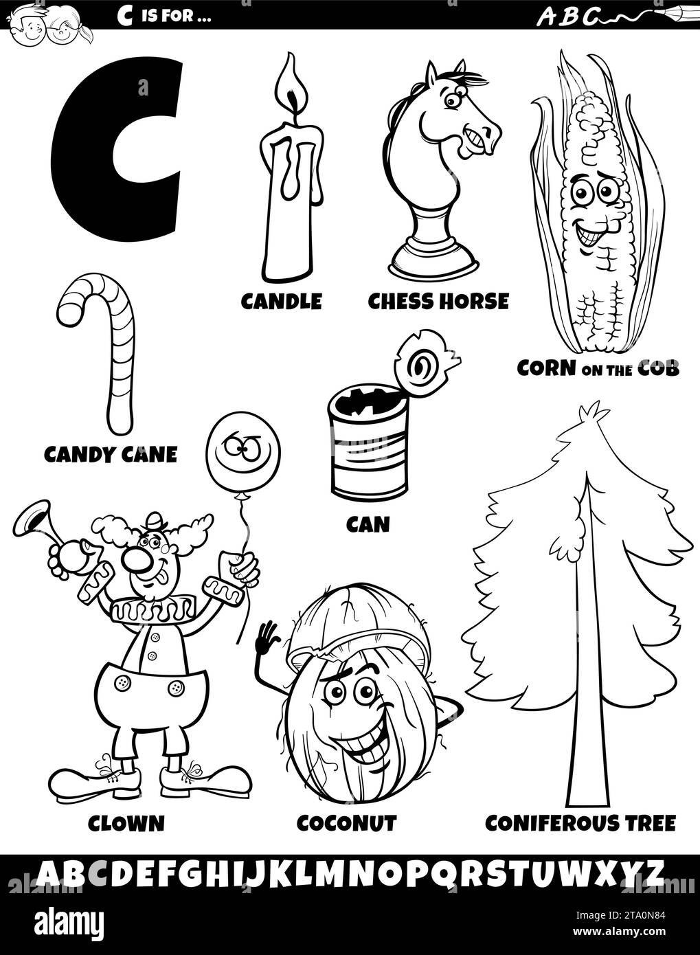 Illustrazione di cartoni animati di oggetti e caratteri impostati per la pagina di colorazione della lettera C. Illustrazione Vettoriale