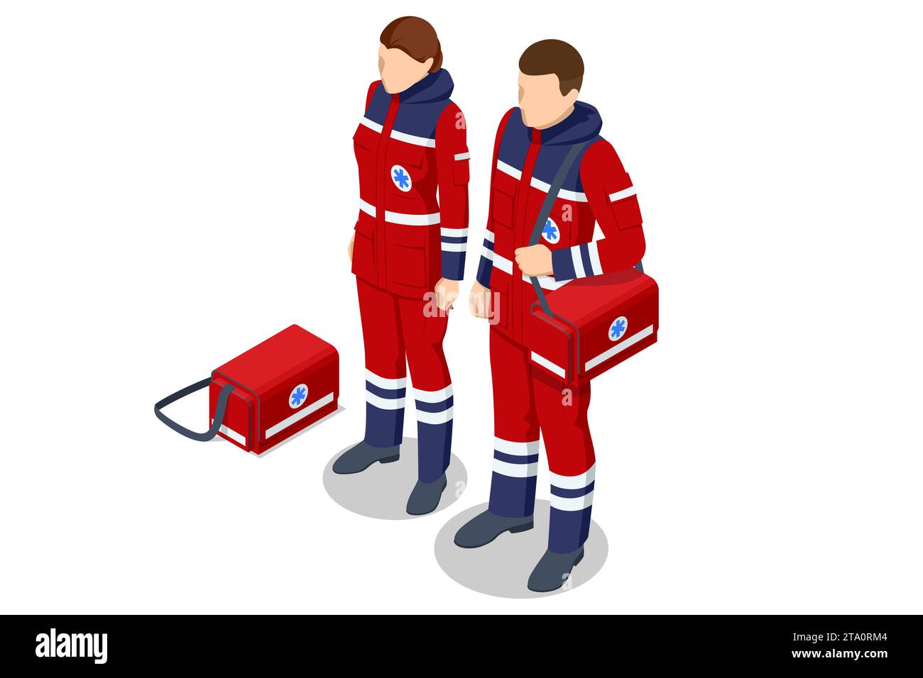 Paramedici isometrici uomo e donna vestiti in uniforme. Impiegato medico di emergenza maschile e femminile. Illustrazione Vettoriale Paramedici isometrici uomo e donna vestiti in uniforme. Impiegato medico di emergenza maschile e femminile. Illustrazione Vettoriale