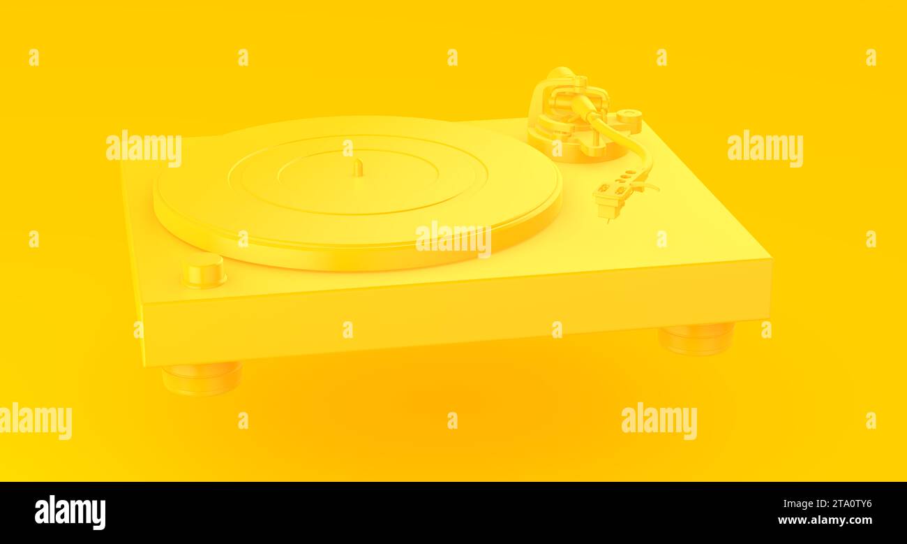 Yellow DJ record Player su sfondo Yellow Studio. Vista in prospettiva. Concetto minimo. Rappresentazione 3D. Foto Stock