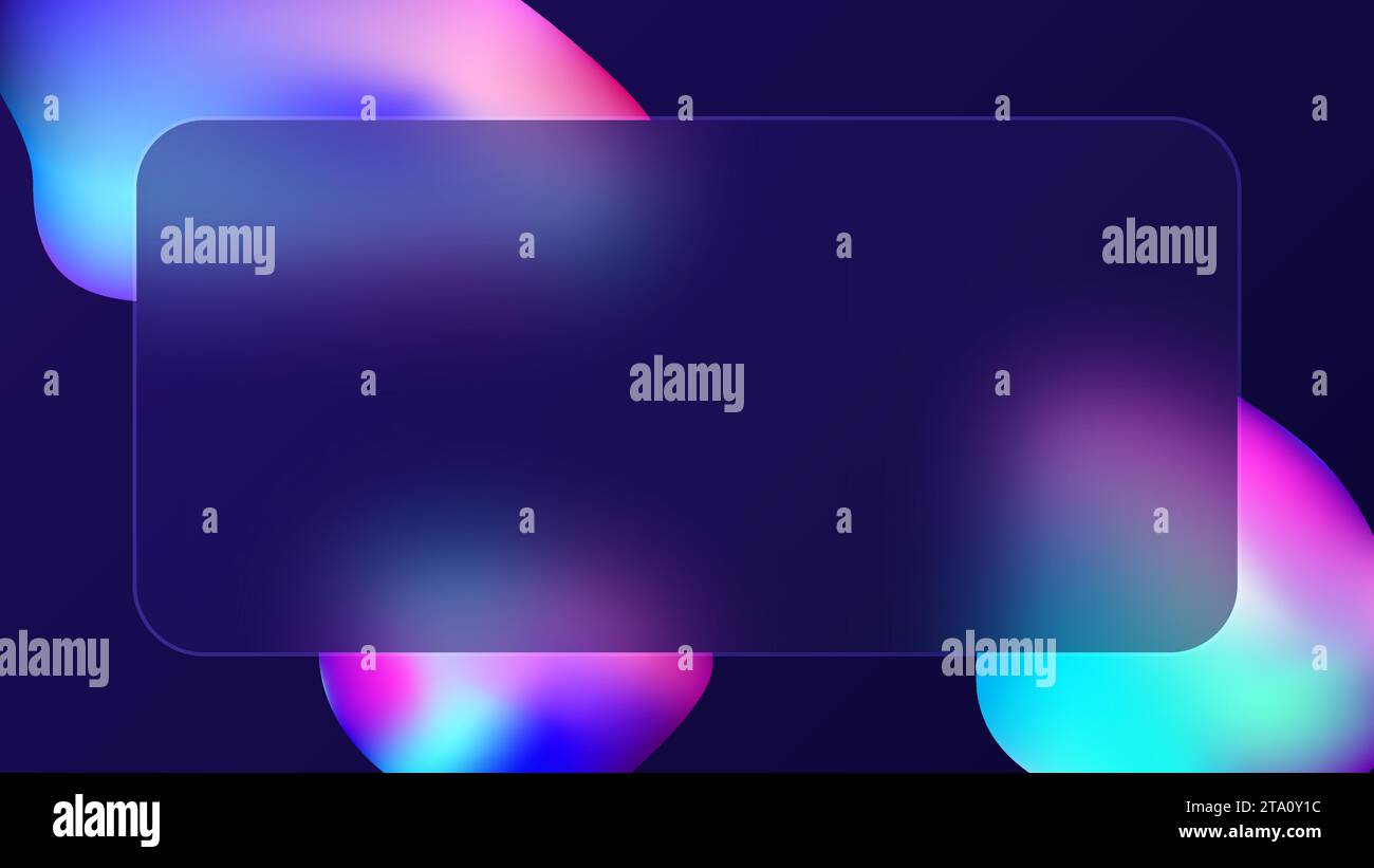 Cornici in vetro con forme liquide al neon luminose su sfondo viola scuro. Piastre in vetro trasparente con forme flottanti. Illustrazione vettoriale Illustrazione Vettoriale