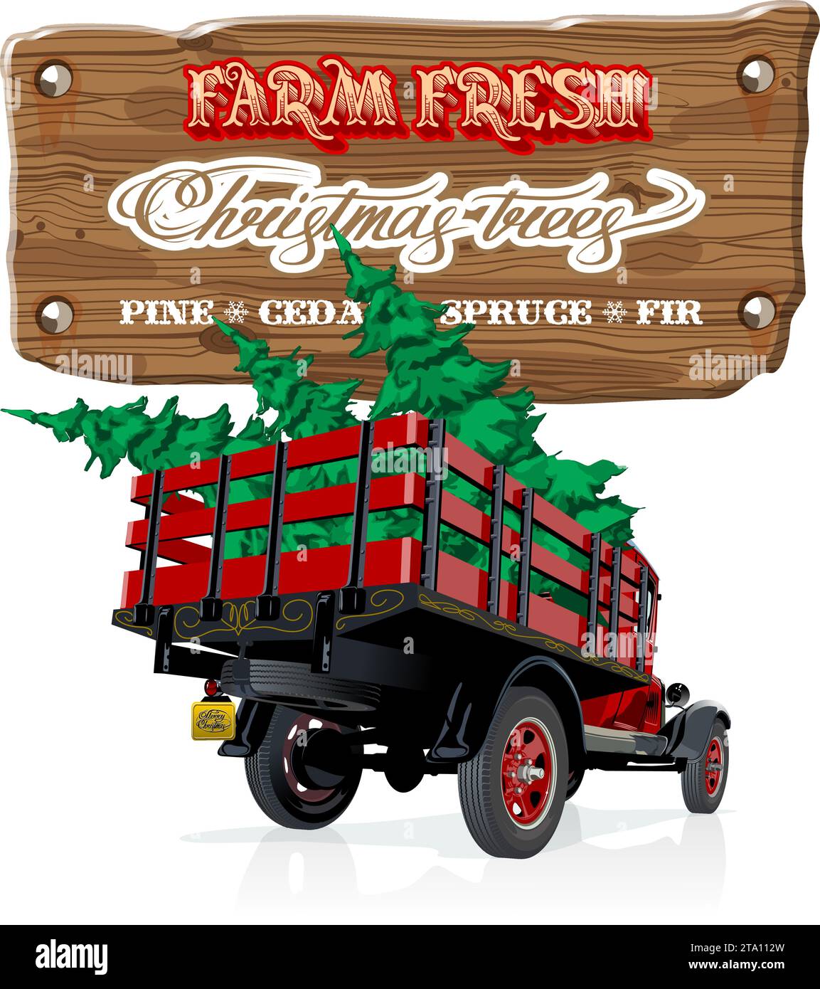 Cartello Vector vintage con albero di Natale su un camion rosso. Poster retrò degli alberi di Natale freschi della fattoria. Formato eps-10 disponibile separato da gruppi e la Illustrazione Vettoriale