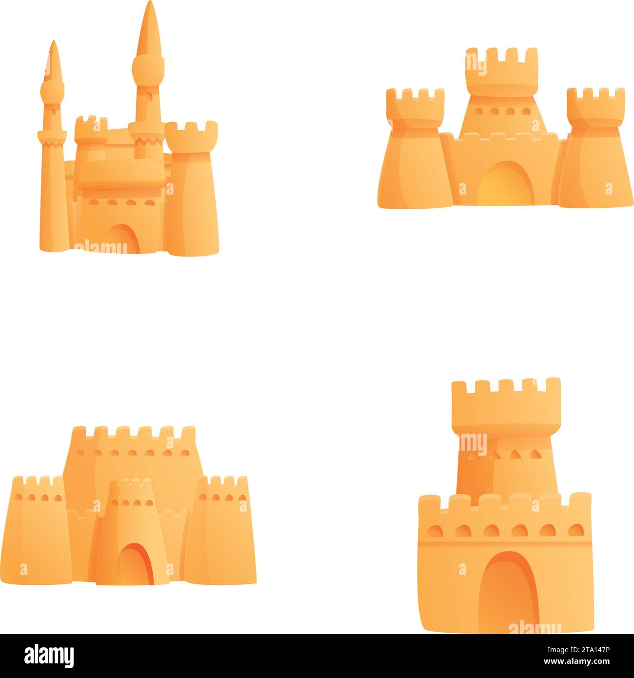 Le icone del castello di sabbia impostano il vettore dei cartoni animati. Vari castelli di sabbia con torre. Concetto di vacanza al mare Illustrazione Vettoriale