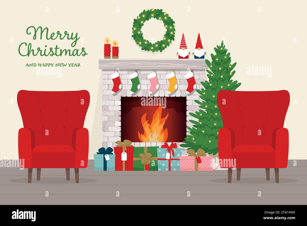 Interni accoglienti con caminetto classico, poltrone, confezioni regalo, piccolo albero di Natale. Illustrazione del vettore piatto Illustrazione Vettoriale
