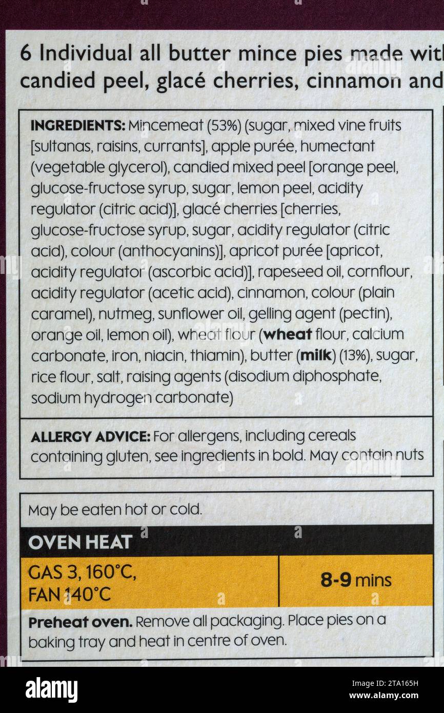 Elenco degli ingredienti e consigli sulle allergie sulla scatola di Waitrose Christmas 6 tutte le torte di mince al burro Foto Stock
