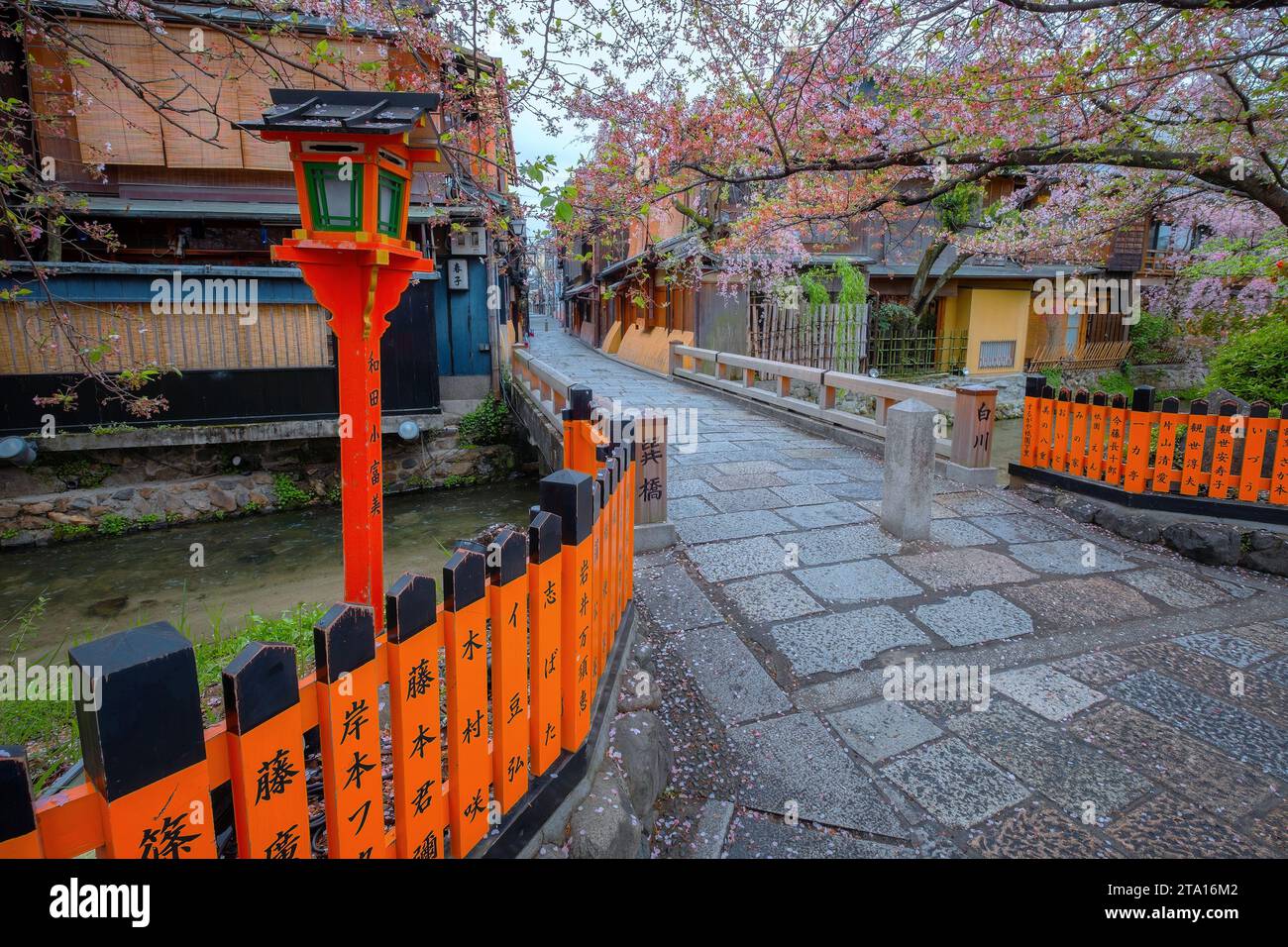 Kyoto, Giappone - 6 aprile 2023: Il ponte Tatsumi bashi è il luogo simbolo del distretto di Gion. E' un piccolo ponte che attraversa il torrente Shirakawa che scorre Foto Stock