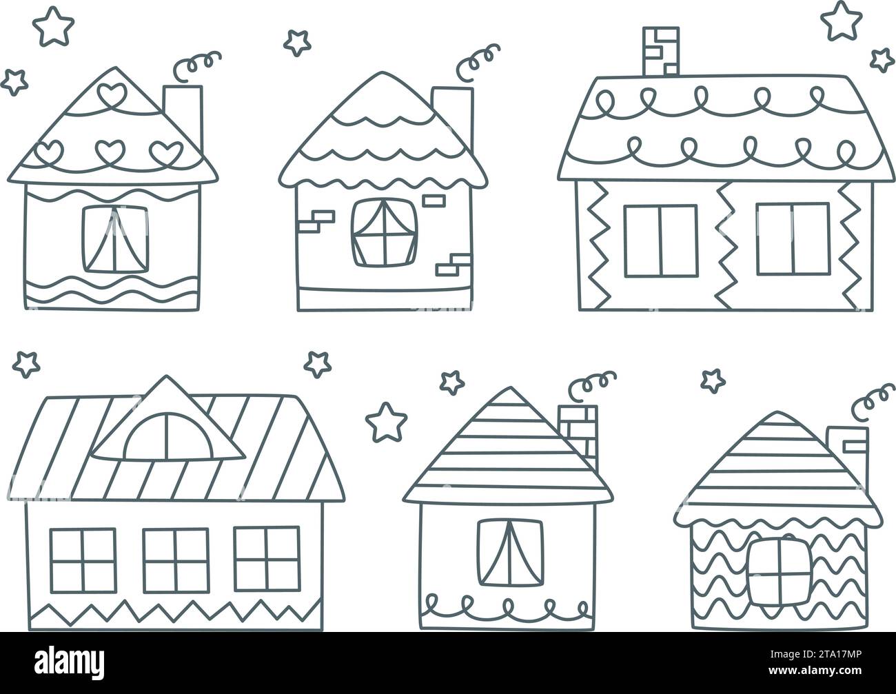 Doodle ospita illustrazioni vettoriali. Graziosi cottage disegnati a mano per famiglie. Semplice contorno di un edificio residenziale rurale isolato su bianco Illustrazione Vettoriale