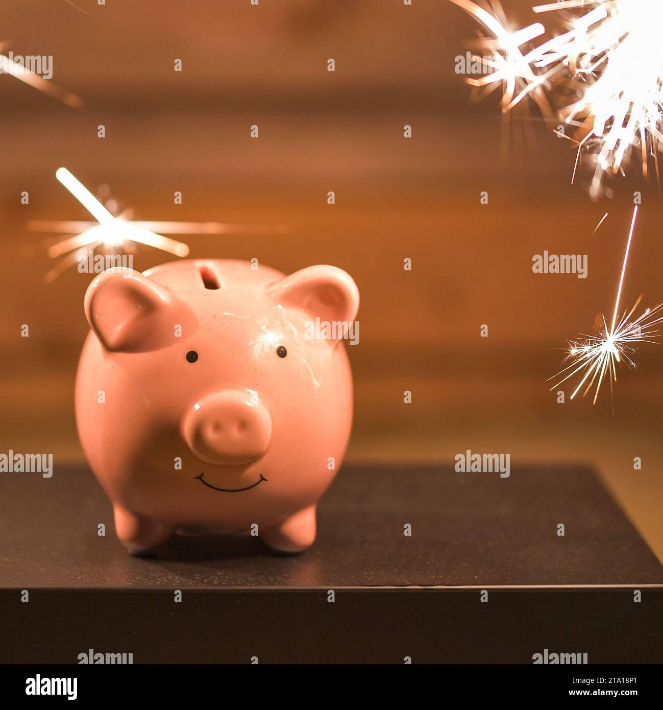 Salvadanaio risparmiatori sorridenti risparmi felici Foto Stock