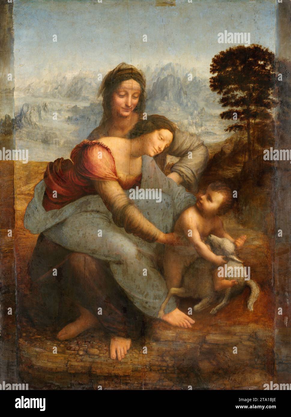 Pittura di Leonardo da Vinci - Sainte Anne, la Vierge et l'Enfant Jésus jouant avec un agneau. C 1501-1519 Foto Stock