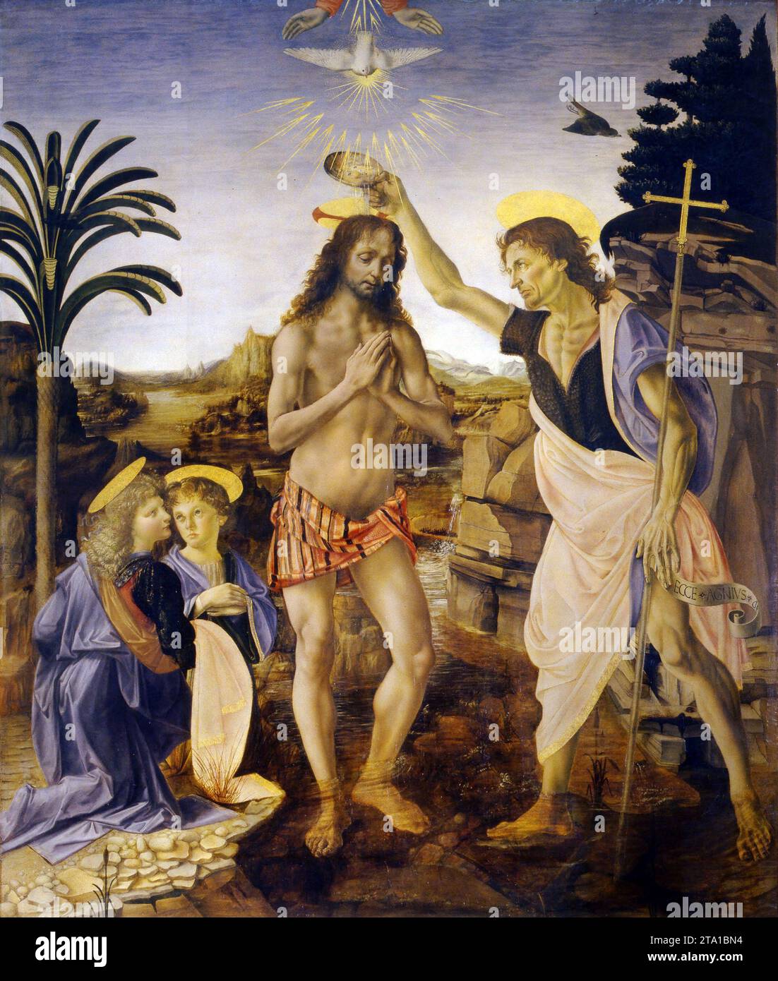 Verrocchio, dipinto di Leonardo da Vinci - Battesimo di Cristo, 1470 circa - arte religiosa Foto Stock