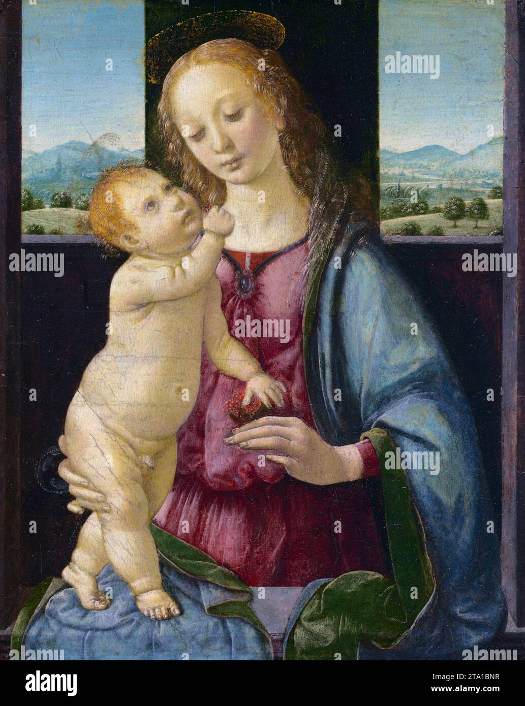 Madonna con bambino e melograno, 1478-1480, Vergine Maria, Cristo bambino, arte religiosa di Lorenzo di credi (1459-1537) Foto Stock